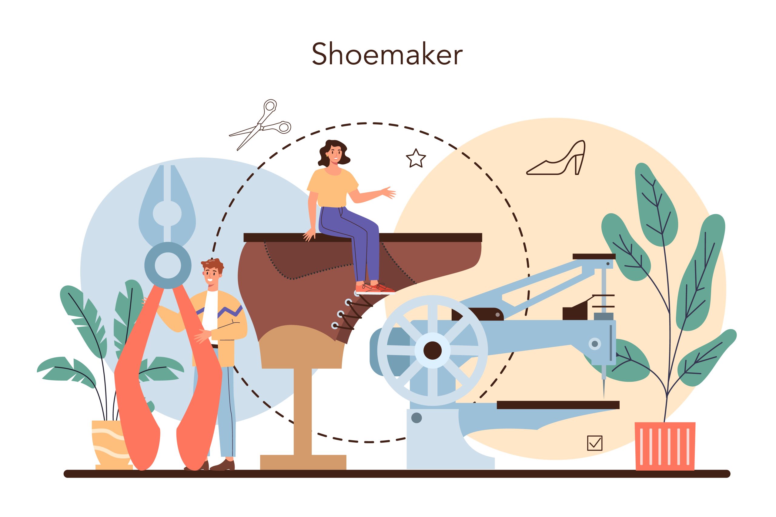 Shoemaker concept. Craftsman wearing an apron mending shoe. Handmade shoes manufactoring, cobbler profession. Isolated vector illustration